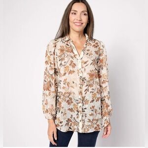 Susan Graver Petite Sheer Floral Woven Clip Dot Button Front Tunic XLP